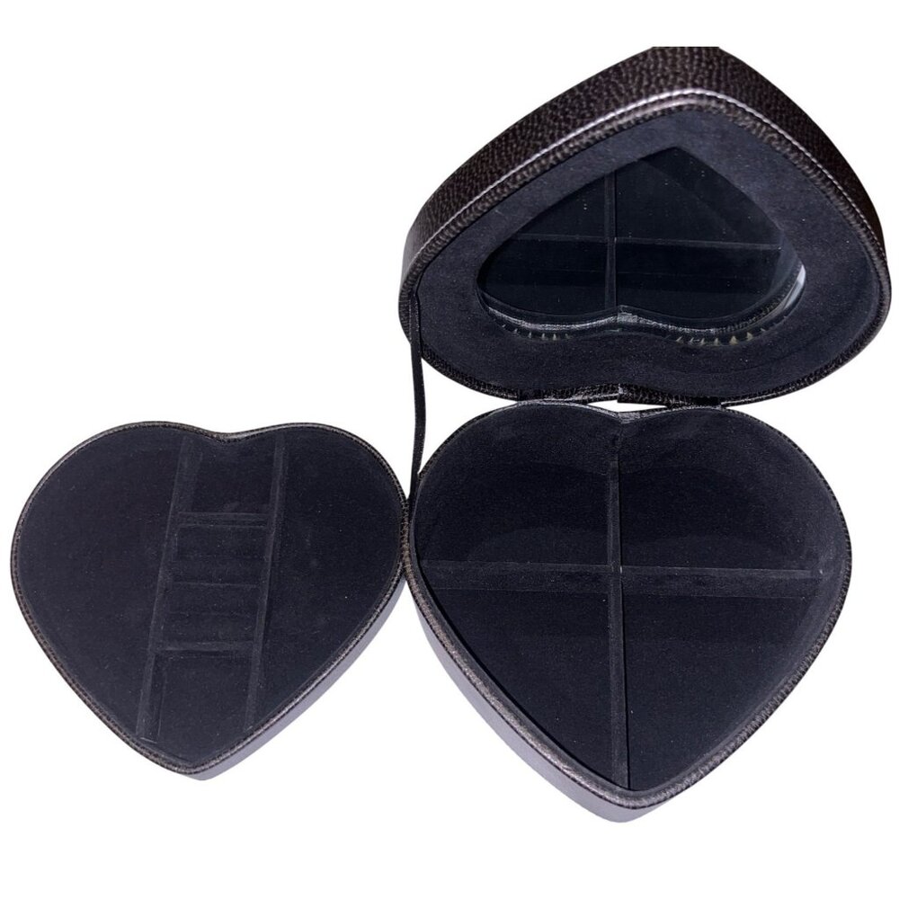 Heart-Shaped Black Faux Leather Jewelry Box With Velvet Interior & Mirror